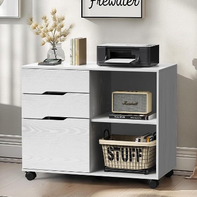 NicBex Multi-Functional File Cabinet with 3 Drawers and Open Shelves Wooden Texture Under Desk Storage Filing Cabinet for Home, Office, White