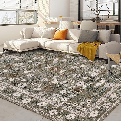 homfan Area Rug Retro Boho Mottled Flowers Rug Durable Non-Shedding Low Pile Washable Carpet for Living Room Bedroom