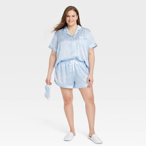 Women's 3pc Satin Short Sleeve Notch Collar Top And Shorts Pajama Set With  Eye Mask - Stars Above™ Blue/floral 1x : Target