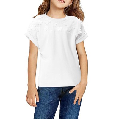 Girls Short Sleeve T-Shirt Top Solid Roll Up Cuffs Crew Neck Fashion Tees with Spliced 3D Floral