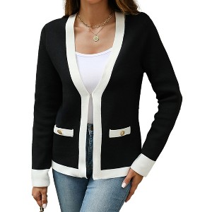 Women's V-Neck Contrast Trim Long Sleeve Open Front Knit Cardigan - 1 of 2