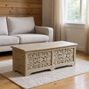 HomeRoots 52" Gray Distressed Solid Wood Carved Floral Storage Ottoman - 2 of 4