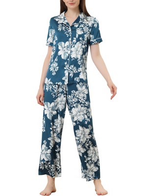 cheibear Women's Silky Short Sleeves Sleepshirt with Pants Sleepwear Pajama Set 2 Pcs