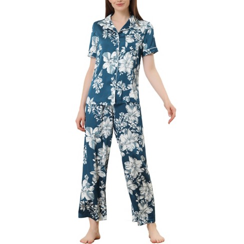 cheibear Women's Silky Floral Short Sleeves Sleepshirt with Pants Pjs Set 2  Pcs Black-White Medium