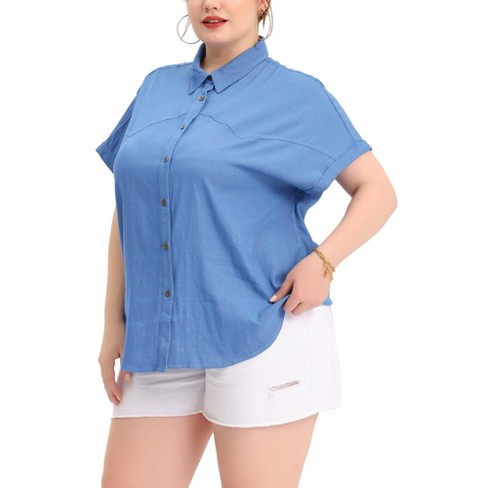 Agnes Orinda Women's Plus Size Chambray Work Roll Sleeves Buttons Down  Shirts Mid Blue 4x : Target