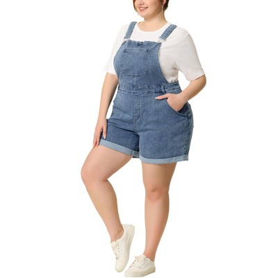Agnes Orinda Women's Plus Size Adjustable Strap Pocket Roll Hem Denim Overall Jean Shorts