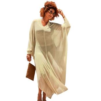 Swimsuits for All Women's Plus Size Long V-Neck Shimmer Caftan Tunic Cover Up