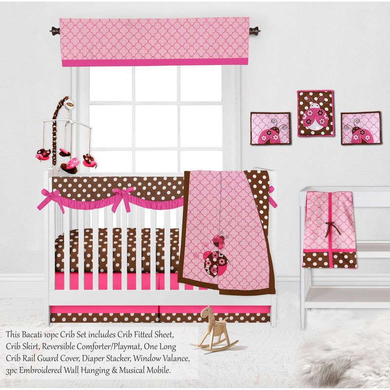 Bacati - Ladybugs Pink Chocolate 10 pc Crib Bedding Set with Long Rail Guard Cover, 5 of 13