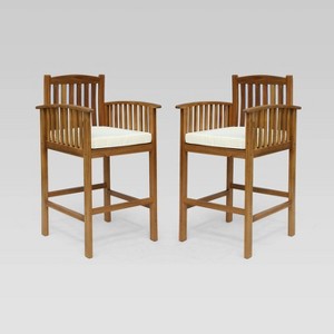 Casa 2Pk Acacia Barstools - Natural/Cream - Christopher Knight Home: Weather-Resistant, Fixed Height Patio Seating - 1 of 4