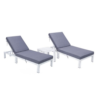 LeisureMod Chelsea Modern Outdoor Weathered Grey Chaise Lounge Chair with Side Table Set of 2