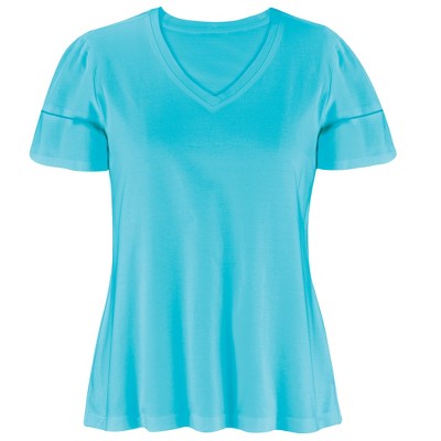 Collections Etc Stylish Double Layer Flutter Sleeve V-Neck Top XX-Large Gender Neutral Turquoise