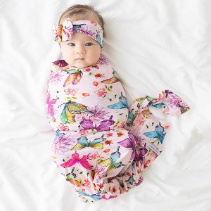 Infant Watercolor Butterfly Swaddle and Headwrap Set - Posh Peanut - 1 of 4