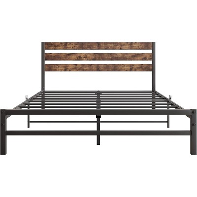 homfan Queen Bed, Platform Bed Frame with Rustic Vintage Wood Headboard, Strong Metal Slats Support Mattress Foundation, No Box Spring Needed
