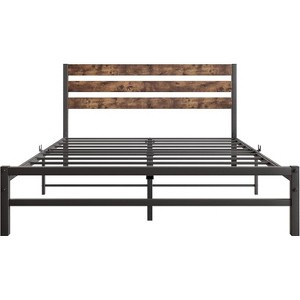 homfan Queen Bed, Platform Bed Frame with Rustic Vintage Wood Headboard, Strong Metal Slats Support Mattress Foundation, No Box Spring Needed - 1 of 4