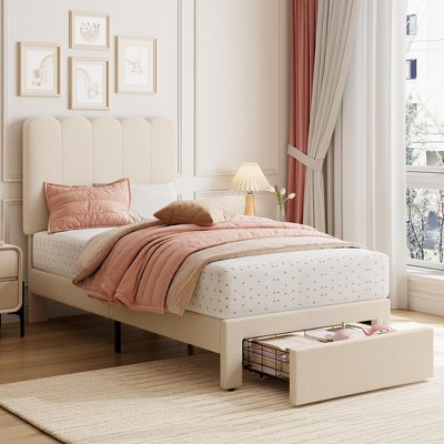 Homhougo Twin Bed Frame with Under-Bed Drawer, White Velvet Upholstered Platform Bed Beige