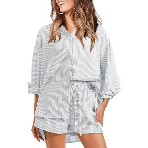 EXLURA Women's Summer 2 Piece Sets Long Sleeve Button Down Shirts Matching Short Sets Oversized Spring Vacation Outfits - 1 of 4