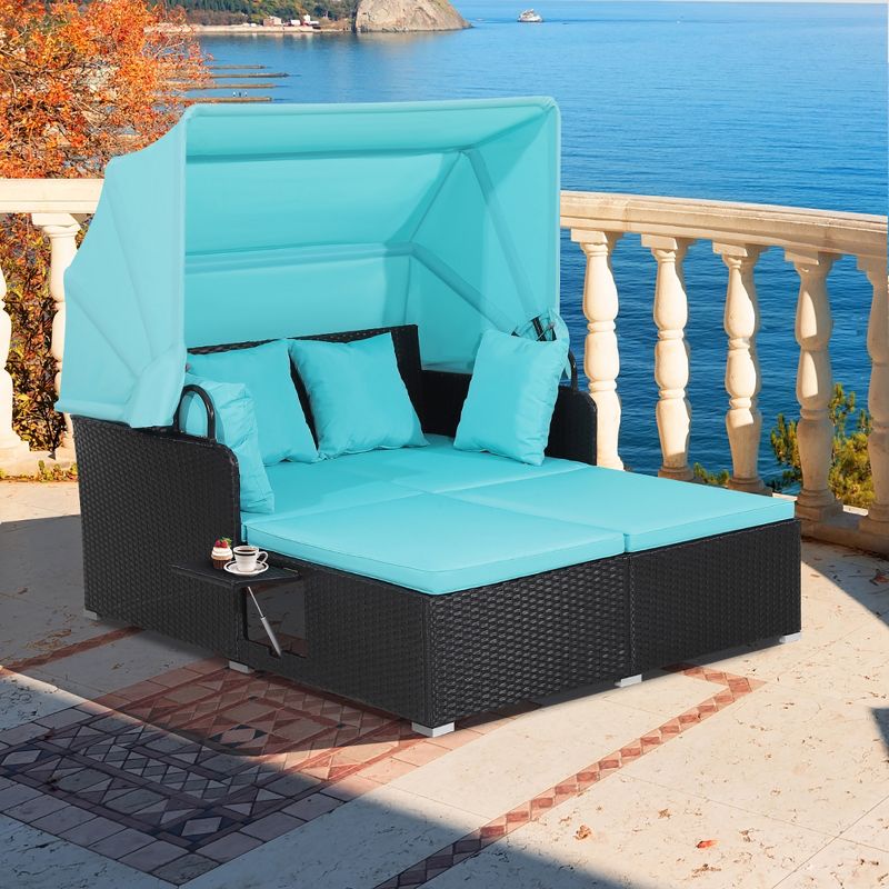 Tangkula Patio Hand-Woven PE Wicker Daybed Outdoor Loveseat Sofa Set w/ Turquoise Cushions, 3 of 11