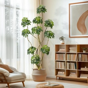 Artificial Umbrella Schefflera Tree, Tall Faux Tree in Decorative White Planter with Multiple Trunks Design for Home Office Porch Door Decor - 1 of 4
