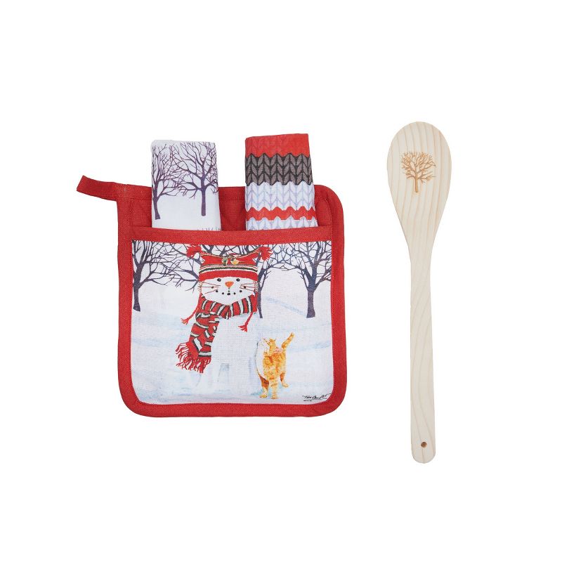 C&F Home Snowman Cat Wearing Winter Hat and Scarf Printed Potholder Gift Set. Set Includes Pot Holder, Printed Kitchen Towel, Plaid Kitchen Towel, and, 1 of 5