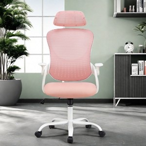 FURNIinspire Task And Office Chairs Desk Chair Office Chair, Mesh High Back Chair With Headrest And Flip-Up Armrests, Pink, 27"*20"*53" - 1 of 4