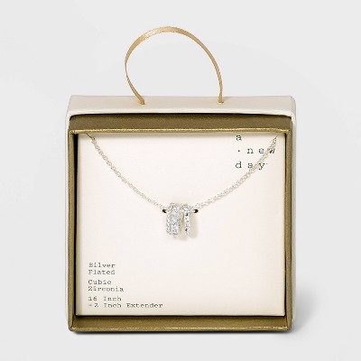 Silver Plated Cubic Zirconia Trio Ring Chain Necklace - A New Day™ Silver