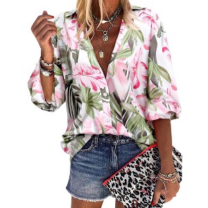 Nlife Women Lapel Collar Floral Print Button Down Long Sleeve Elastic Cuff Shirt - 1 of 4