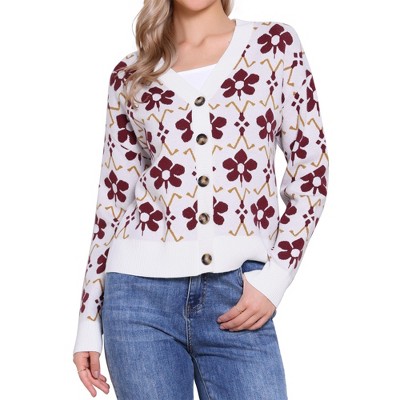 INSPIRE CHIC Women's Floral Print V Neck Button Down Long Sleeve Knit Sweater