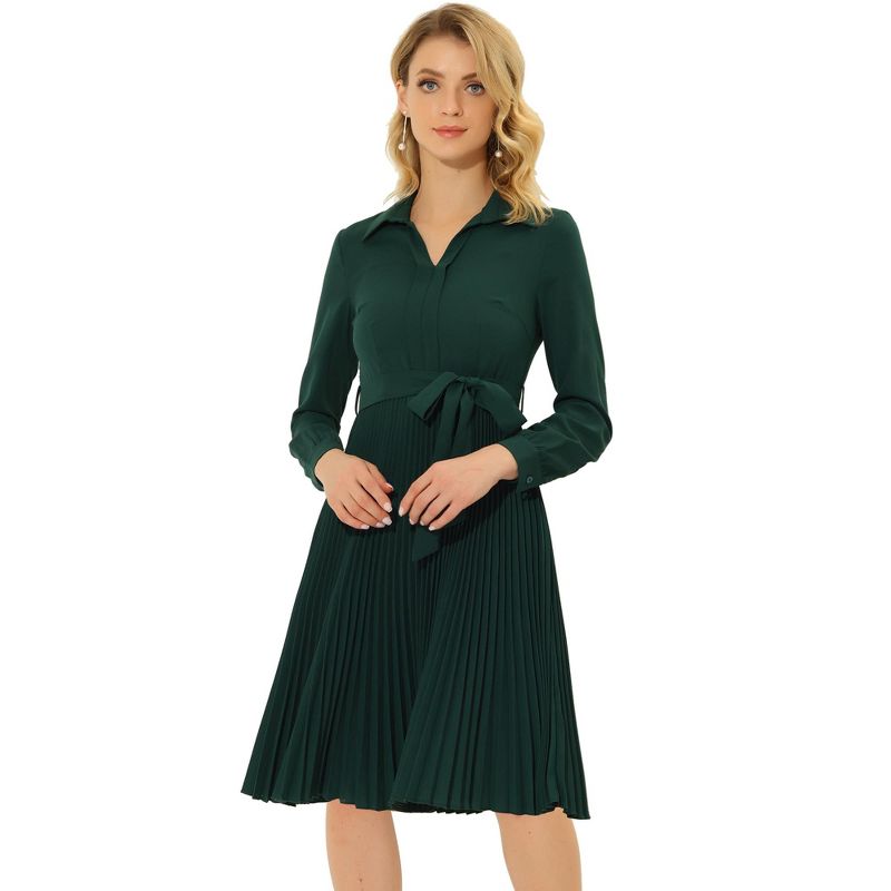 Allegra K Women's A-Line V Neck Turn Down Collar Belted Pleated Dress, 2 of 6