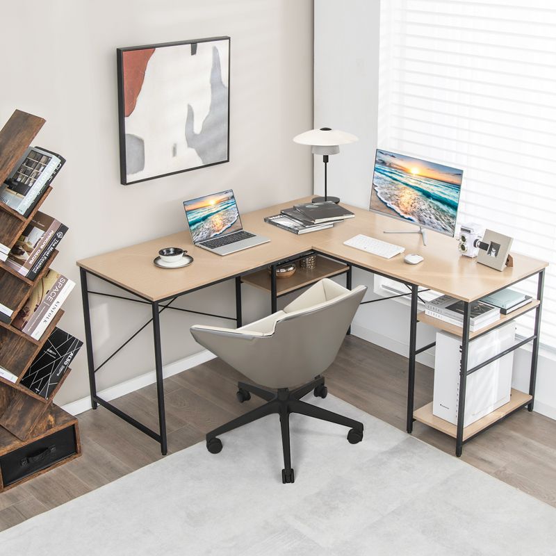 Tangkula Large L-shaped Computer Desk 60” Convertible Corner Desk with 4 Storage Shelves 95” 2-Person Long Study Writing Workstation Black/Rustic Brown/Natural/Grey, 4 of 11