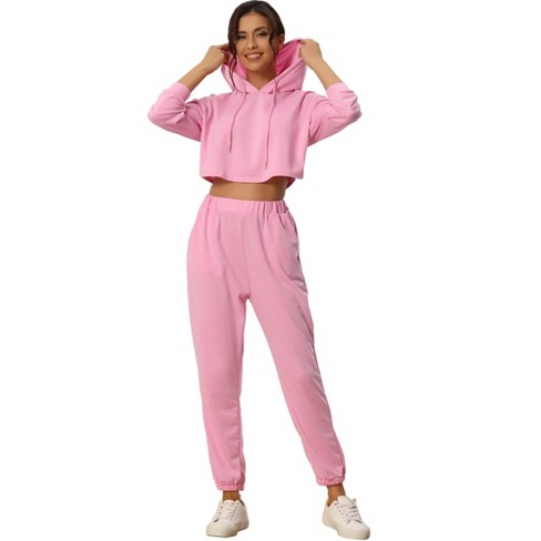 cheibear Womens 2 Piece Outfits Sweatsuit Outfits Hooded Crop Sweatshirt  and Jogger Tracksuit Set Pink Small