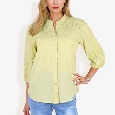 Anna-Kaci Women's 3/4 Sleeve Button Down Shirt With Embroidered Eyelet Details And V-Neck Collar