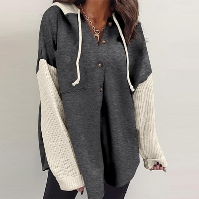 Women's Oversized Color Block Hoodie - Long Sleeve Button Front Casual Pullover for Streetwear & Loungewear