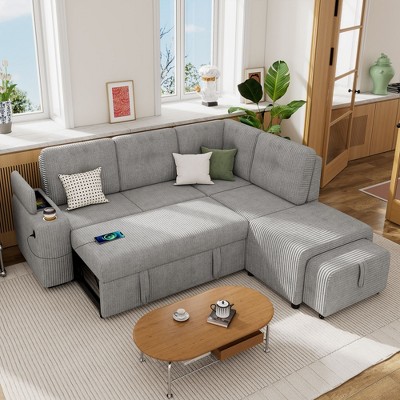 NicBex Couches for Living Room Sectional Pull-out Sofa Bed L-Shaped Sofa with Movable Ottoman, Storage Space, a Cup Holder, and 2 USB Ports, Gray