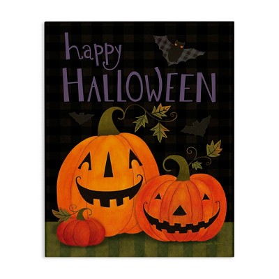 Stupell Industries Pumpkins & Bat on Plaid Canvas Wall Art