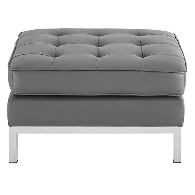 Loft Silver Gray Tufted Faux Leather Ottoman with Stainless Steel Legs