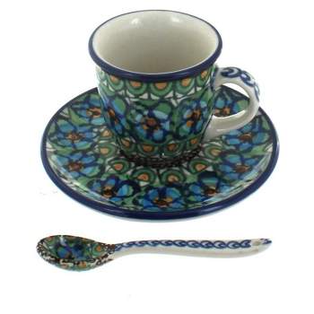 Blue Rose Polish Pottery B10-A93 Ceramika Artystyczna Espresso Cup & Saucer with Spoon