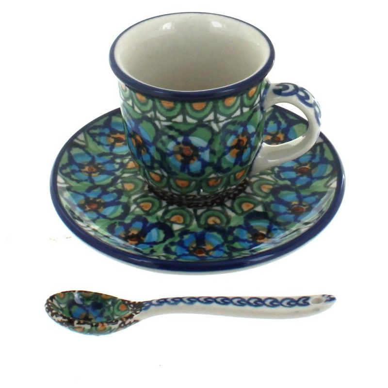 Blue Rose Polish Pottery B10-A93 Ceramika Artystyczna Espresso Cup & Saucer with Spoon, 1 of 2