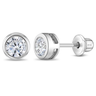 925 Sterling Silver 4mm Bezel Cubic Zirconia Toddler Girls Safety Screw  Back Earrings - Locking Back Stud Earrings for Babies to Young Girls 