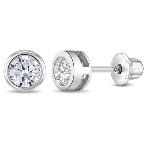 Baby Girls' Round Bezel Cz Screw Back Sterling Silver Earrings - Clear ...