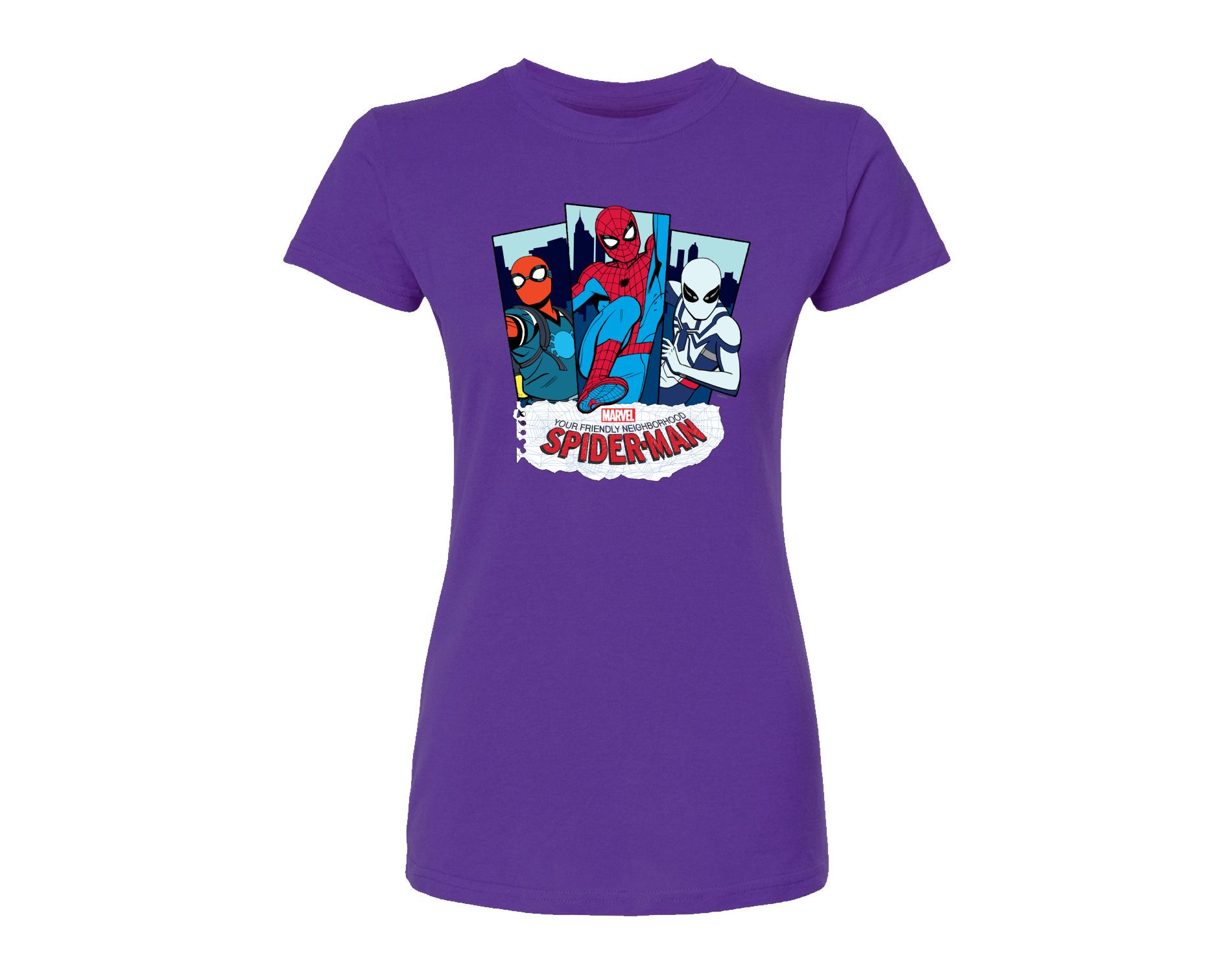 Women's Marvel Friendly Neighborhood Spider-Man Suits Fitted Graphic T-Shirt - Purple - X-Large