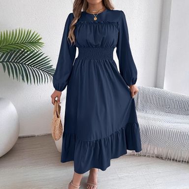 Coolmee Women's Boho Square Neck Smocked Long Puff Sleeve A Line Maxi Dress  Navy S : Target