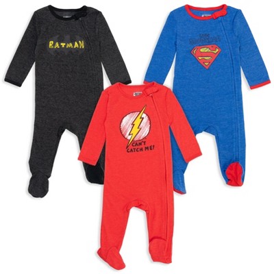 Image of DC Comics Justice League Newborn Baby Boys 3 Pack Long Sleeve Sleep N' Play Coveralls Newborn