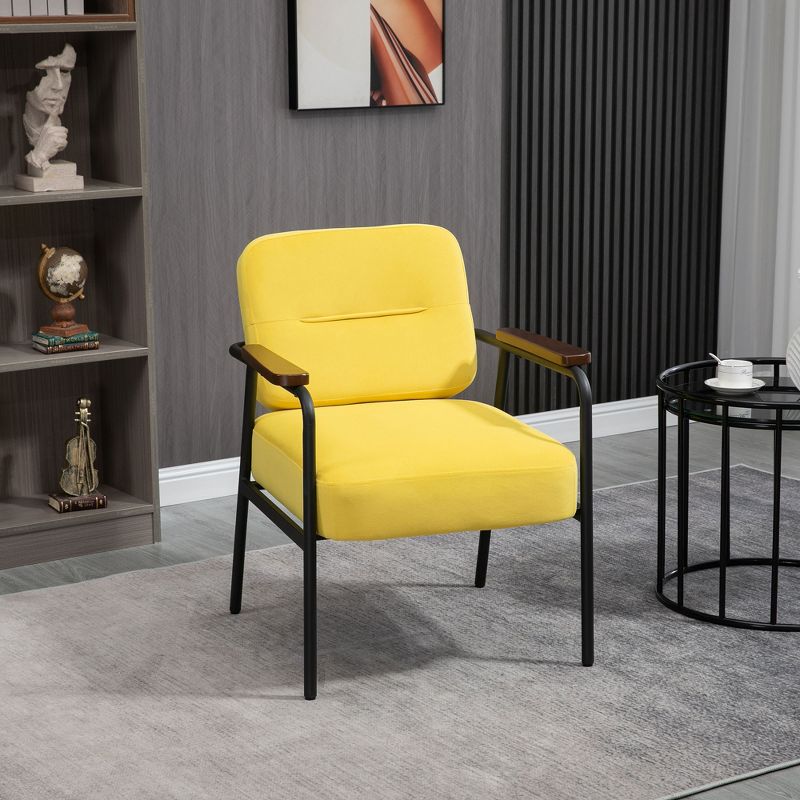 HOMCOM Modern Accent Chair with Cushioned Seat and Back, Upholstered Velvet Armchair for Bedroom, Living Room Chair with Arms and Steel Legs, Yellow, 3 of 7