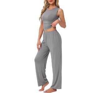 Womens Lounge Set Stretchy Side Ruched Crop Top Sleeveless Tank Rayon Straight Pants 2 Piece Pajama Set - 1 of 4