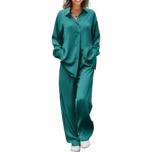 Ekouaer Womens Satin Silky Pajama Set 2 Piece Print PJs Soft Loungewear Button Down Sleepwear with Elastic Waist Long Pants - 1 of 4