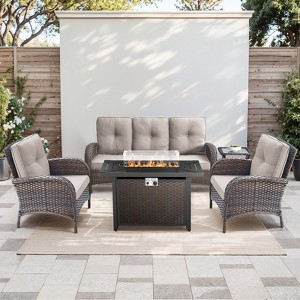 Buenhomino 5PCS Outdoor Patio Furniture Set with Fire Pit,PE Wicker Patio Conversation Sets, 43" 50000BTU Gas Propane Fire Pit Table,Wicker Chairs Set - 1 of 4