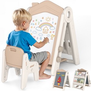 SUGIFT 3-in-1 Kids Easel with Chair, Height  Adjustable Magnetic Board, Block Table and Bookshelf - 1 of 4