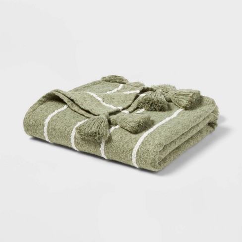 Tasseled Boucle Bed Throw Green Stripe Threshold