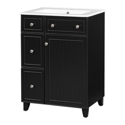 Vynxaria 24" Black Bathroom Storage Cabinet with Ceramic Sink and Ample Storage