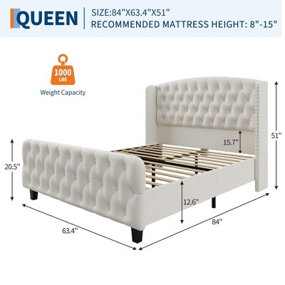Bed Frame with Deep Button Tufted Wingback Headboard and Footboard, Velvet Upholstered Platform Frame, No Box Spring, Easy Assembly